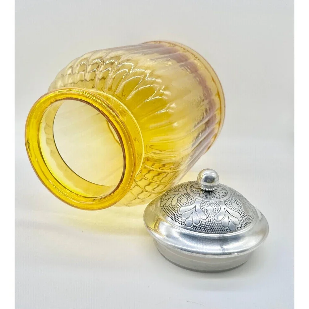 Vintage Amber Artland Apothecary ribbed glass Canister Jar Silver Lid